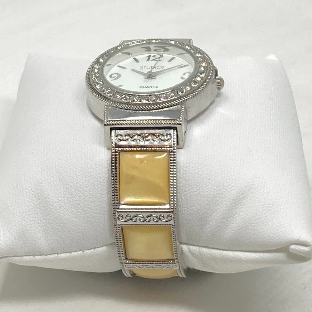 Studio Time Watch Women 32mm Silver Tone Yellow MOP Inlay Cuff Bling New Battery